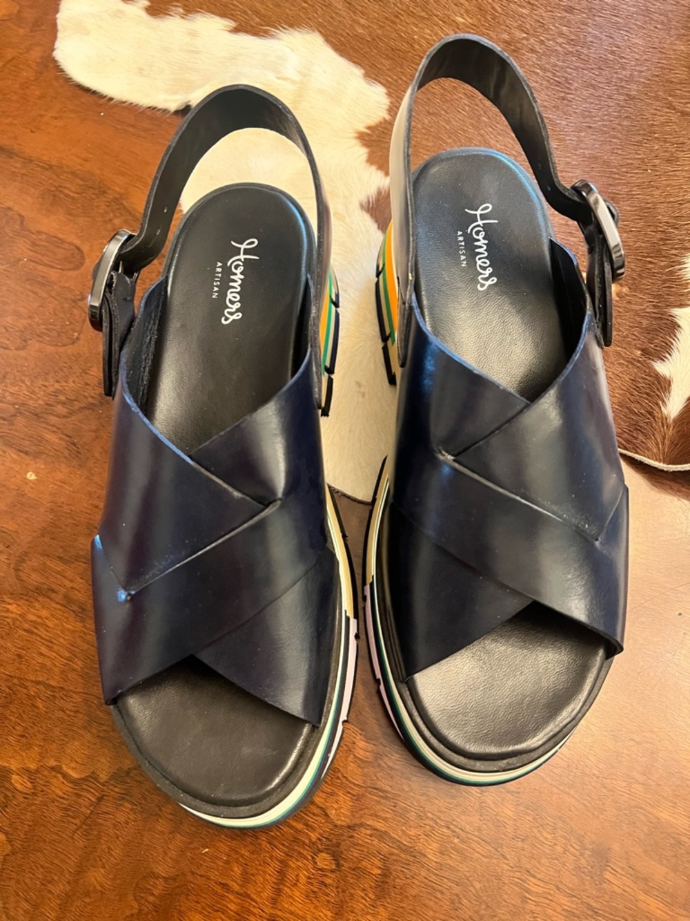 Navy Platform Cross‑Strap Sandals with Color-Striped Sole - Picture 4 of 6